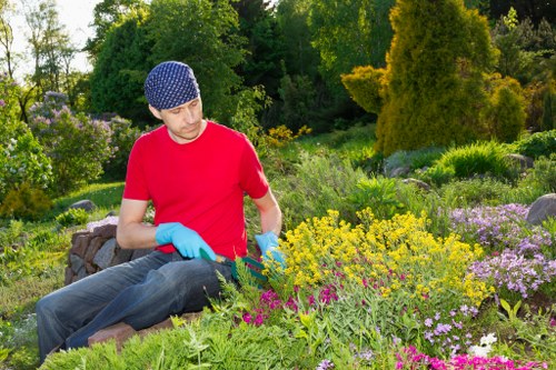 Volunteer helping a visitor access gardening information using a tablet with accessibility features